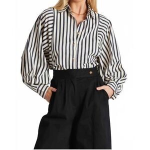 Bishop + Young Dolman Striped Long Sleeve Top Button Down Shirt Navy Cream S